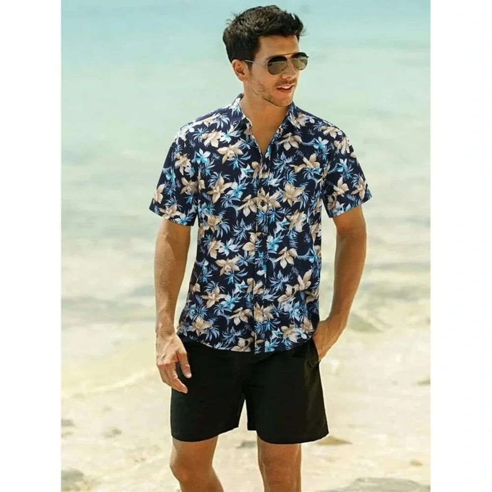 HISDERN Navy Blue Floral Hawaiian Short-Sleeve 100% Cotton Men’s Shirt Size L